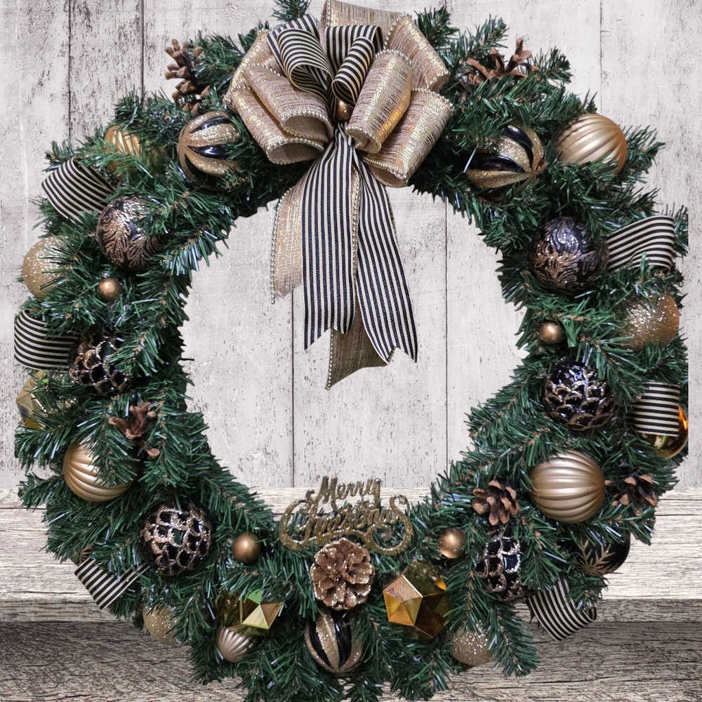 Christmas Holiday Gold/ Black Decorated  Classic Large Winter Front Door Wreath